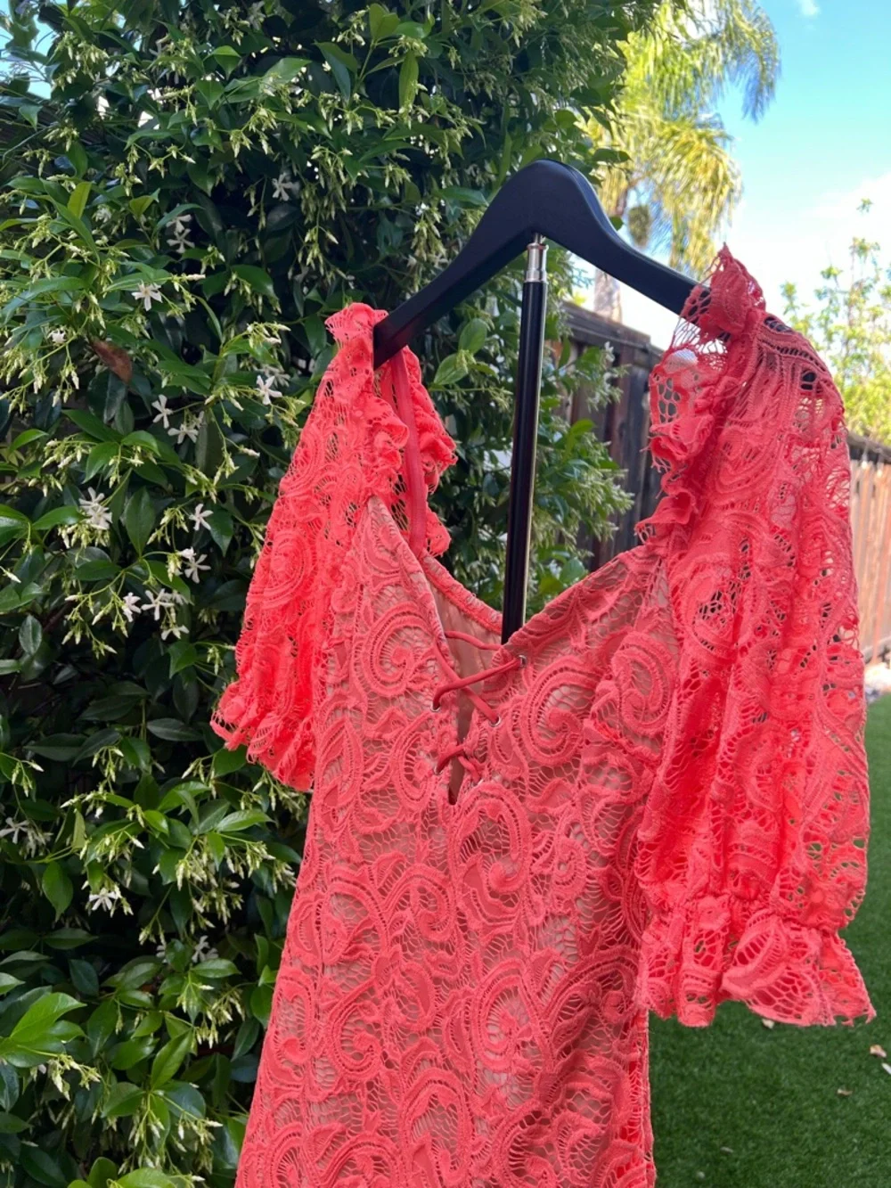 Coral Lace Bodycon Dress Square/V-line Deep Neck Puff Sleeve Romantic Size S - Picture 2 of 9